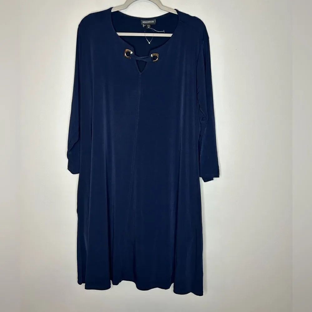 Nina Leonard Grommet Trim Three Quarter Sleeve Dress